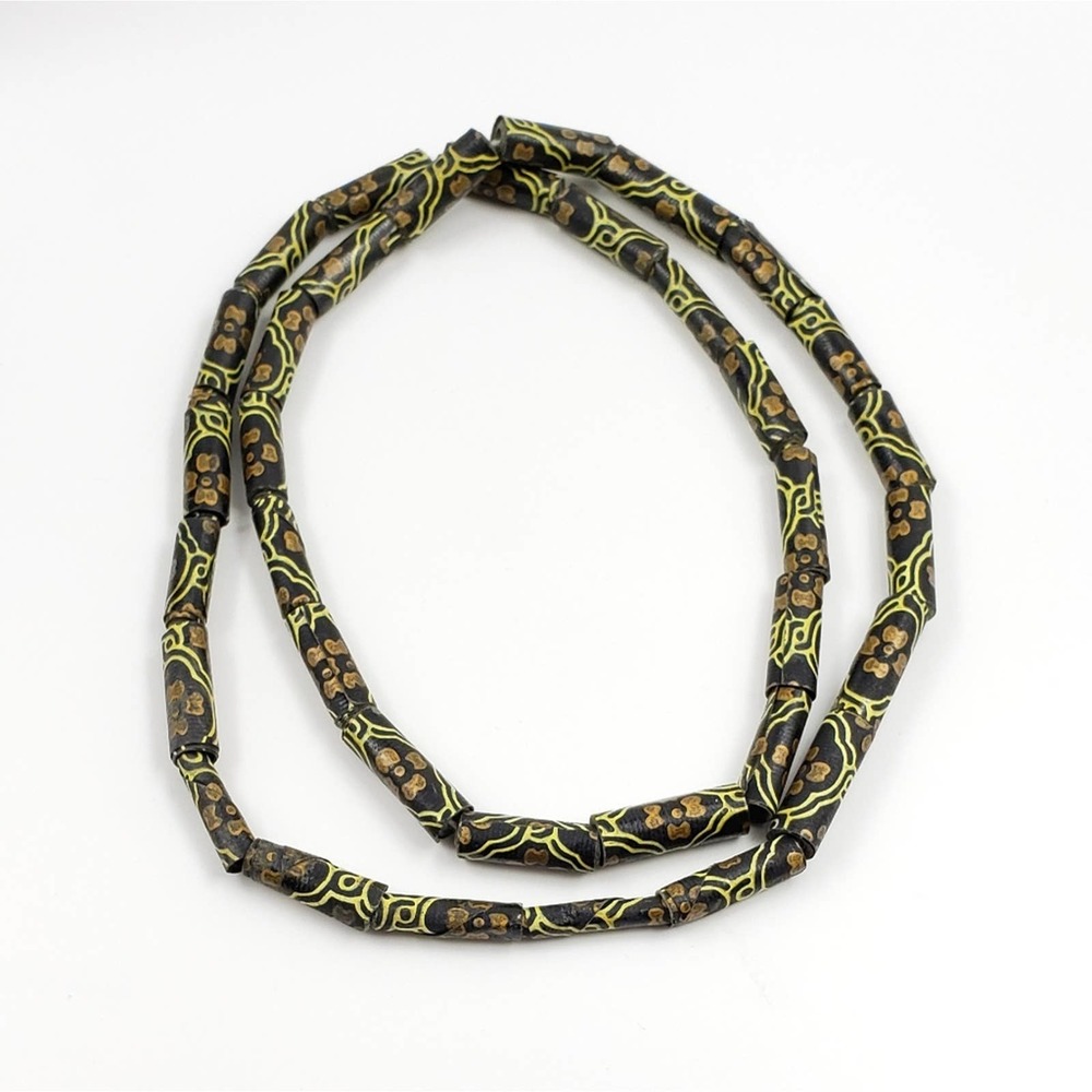 Vintage 60s Hand Painted Paper Beads Necklace Black Gold